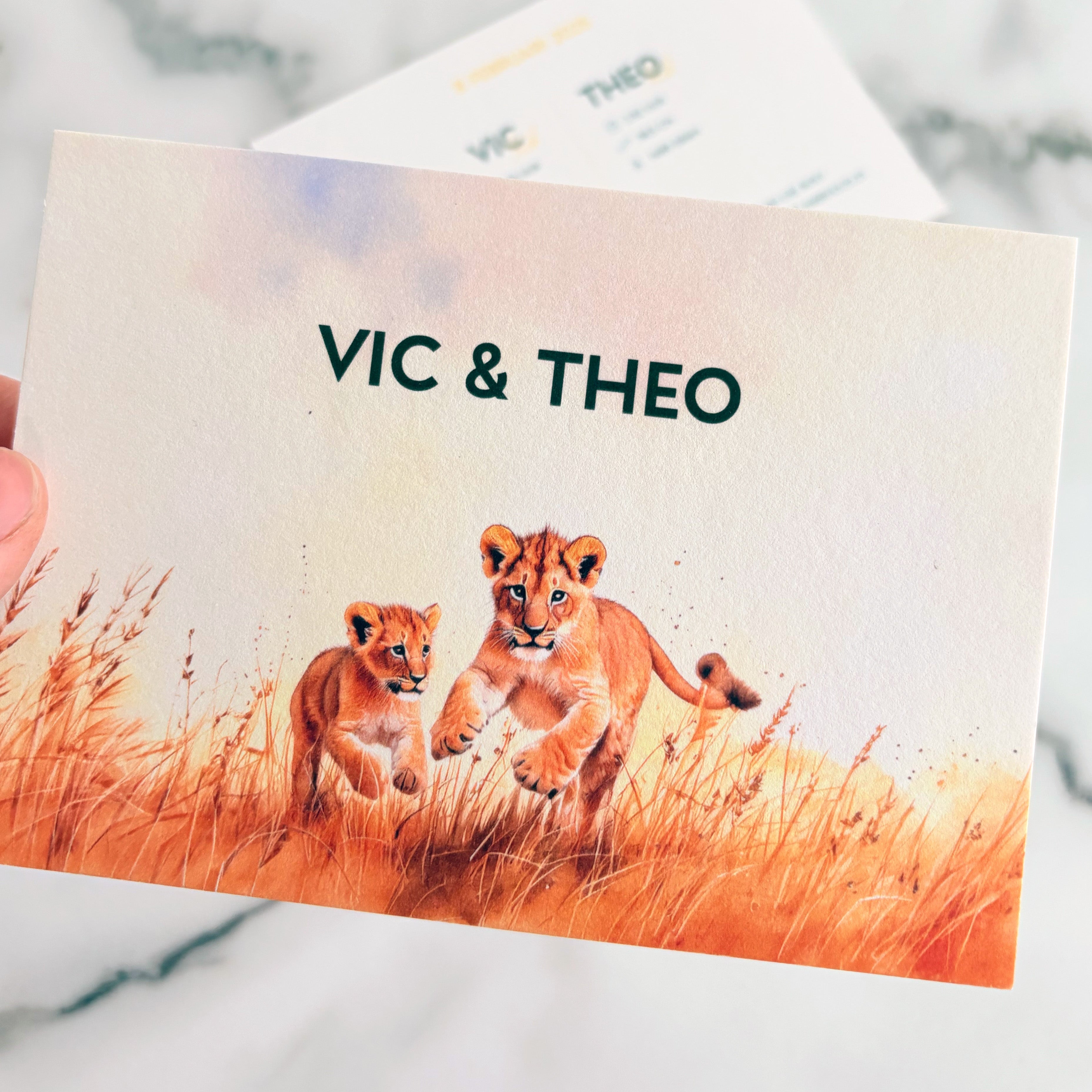Schattig geboortekaartje met illustratie van twee leeuwtjes