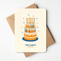 Originele verjaardagskaart met kleurrijke taart vol kaarsjes. Ideaal voor feestvierders met humor. Lokaal ontwerp, gedrukt op kwaliteitsvol papier.