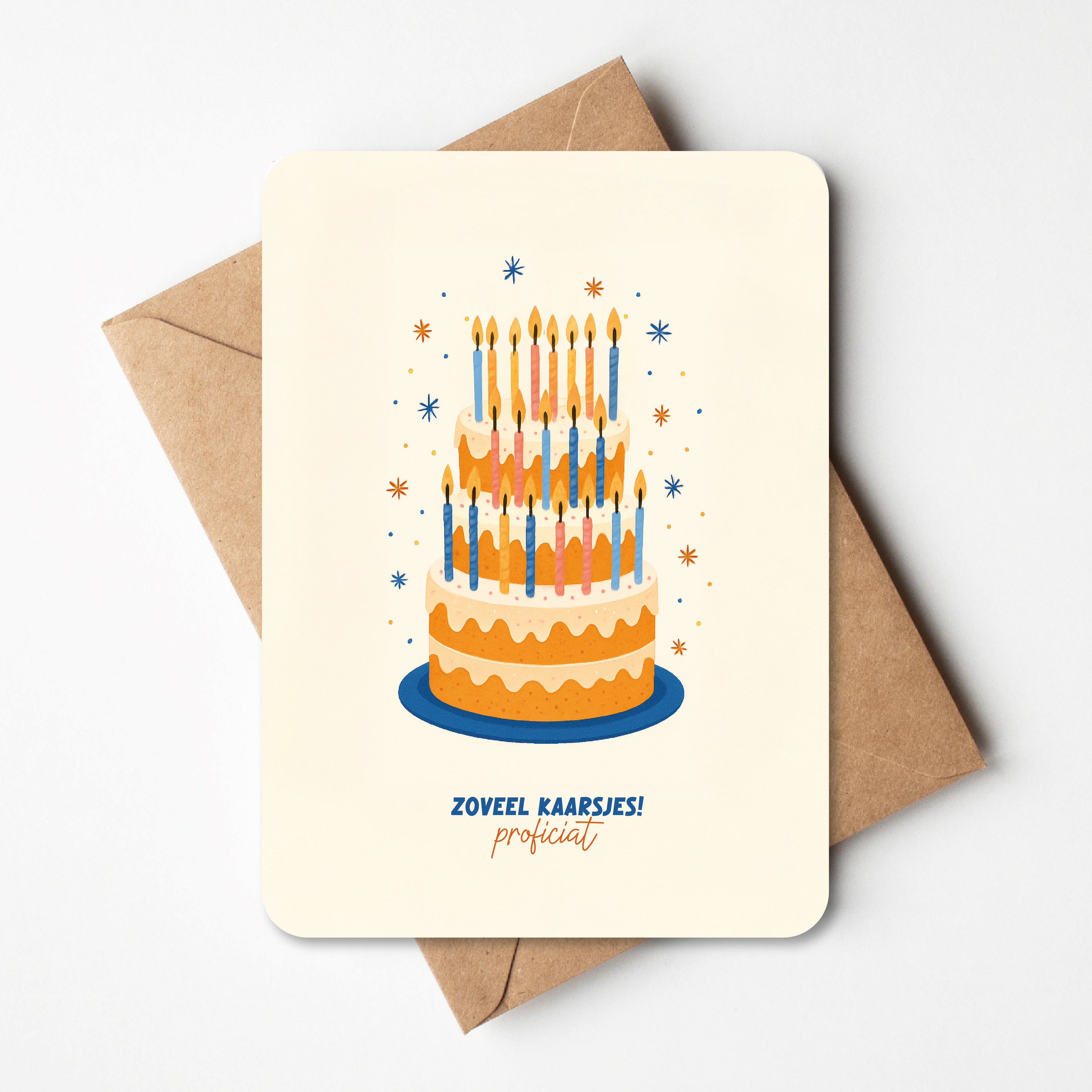 Originele verjaardagskaart met kleurrijke taart vol kaarsjes. Ideaal voor feestvierders met humor. Lokaal ontwerp, gedrukt op kwaliteitsvol papier.