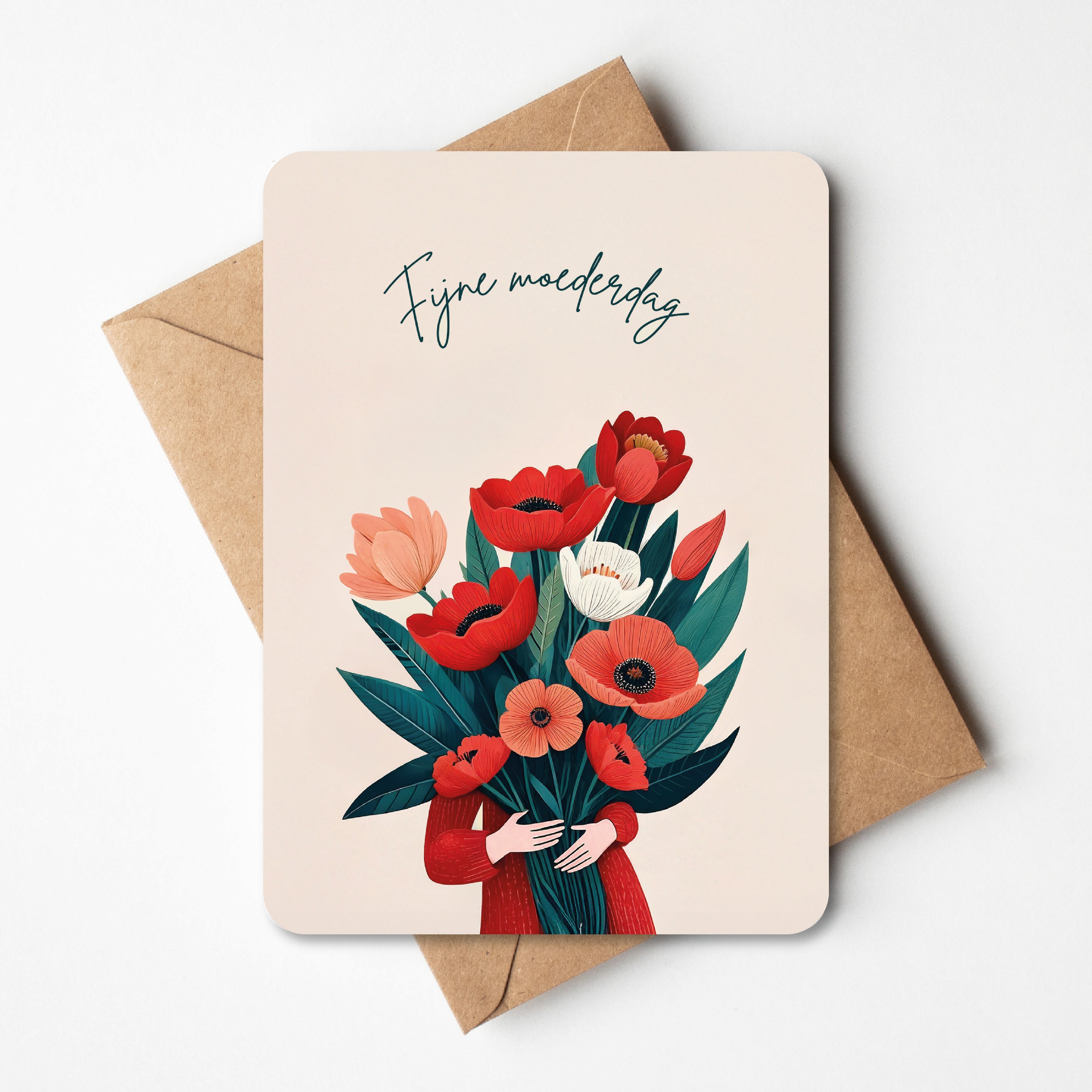 Illustratie van iemand die reuzegroot boeket draagt voor moederdag