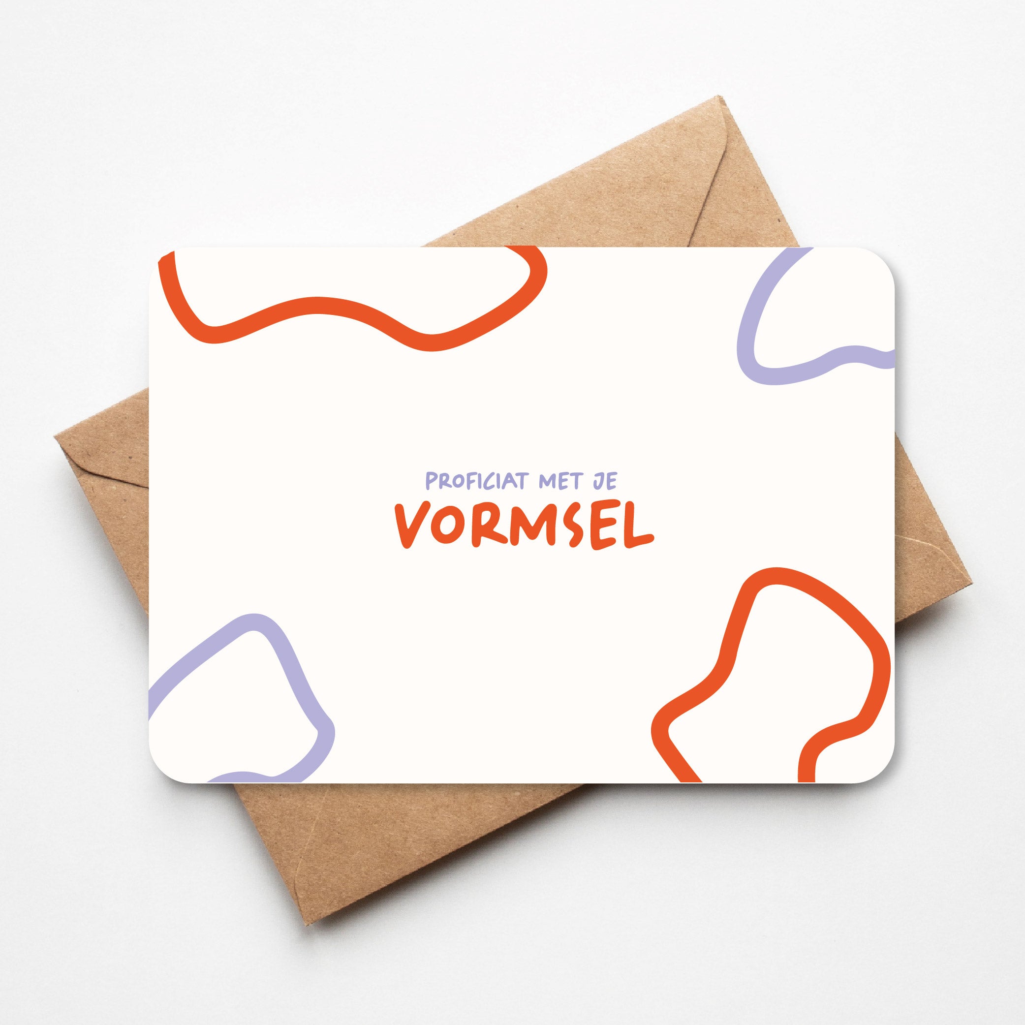 Kaart met speelse vormen en tekst 'proficiat met je vormsel'