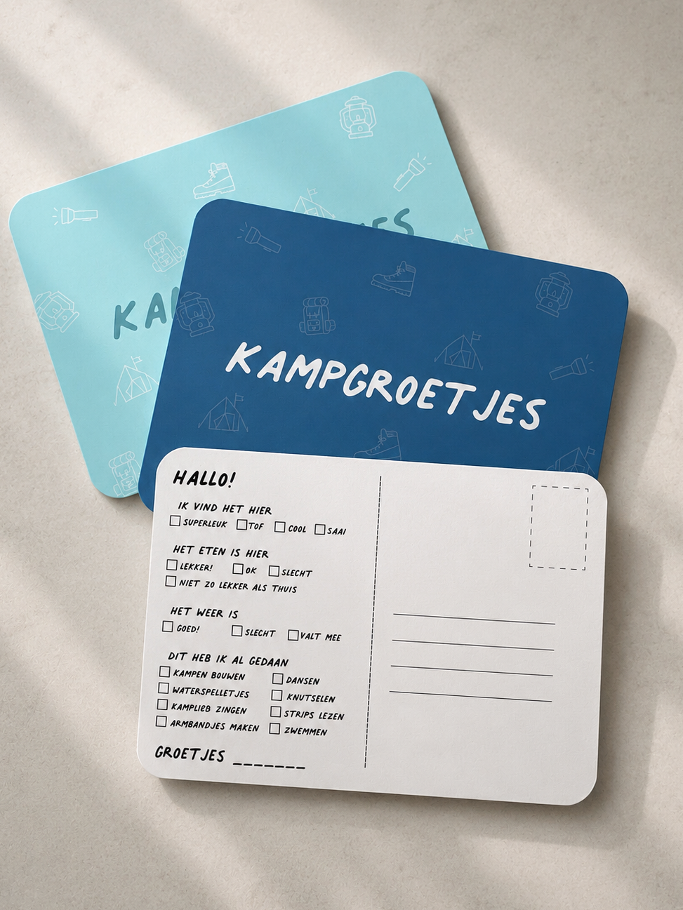 Kampkaartjes met invulvakjes om aan te kruisen