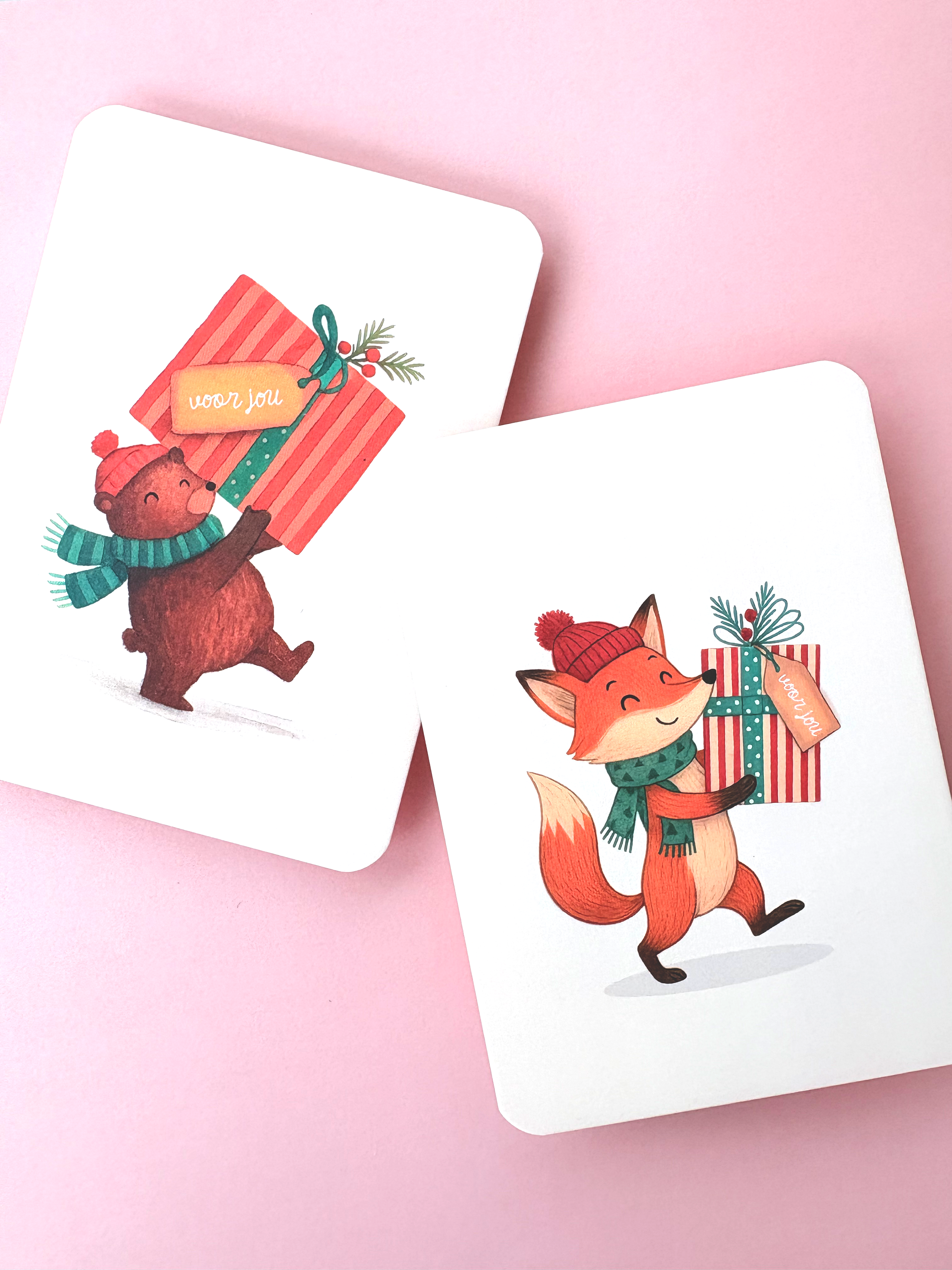 Toffe kerstkaarten met beer en vosje