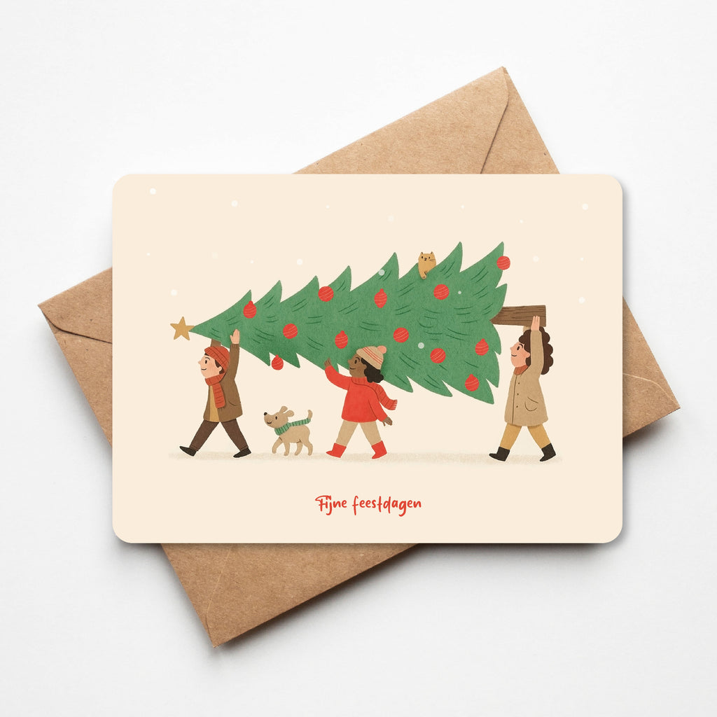 Schattige illustratie in warme tinten van mensen die een kerstboom dragen