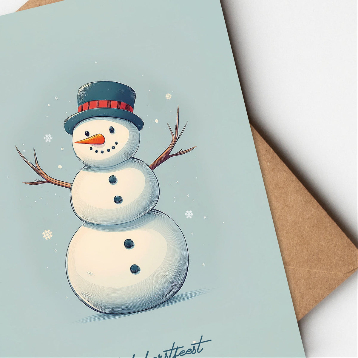 Kerstkaart - Sneeuwman / Sneeuwpop