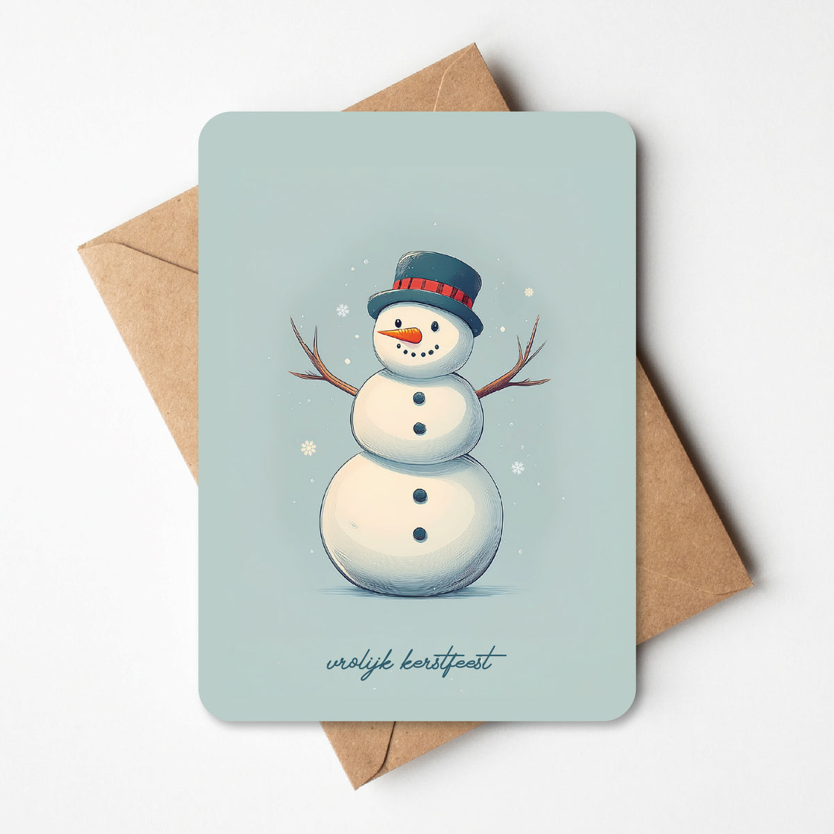 Kerstkaart met illustratie van sneeuwpop