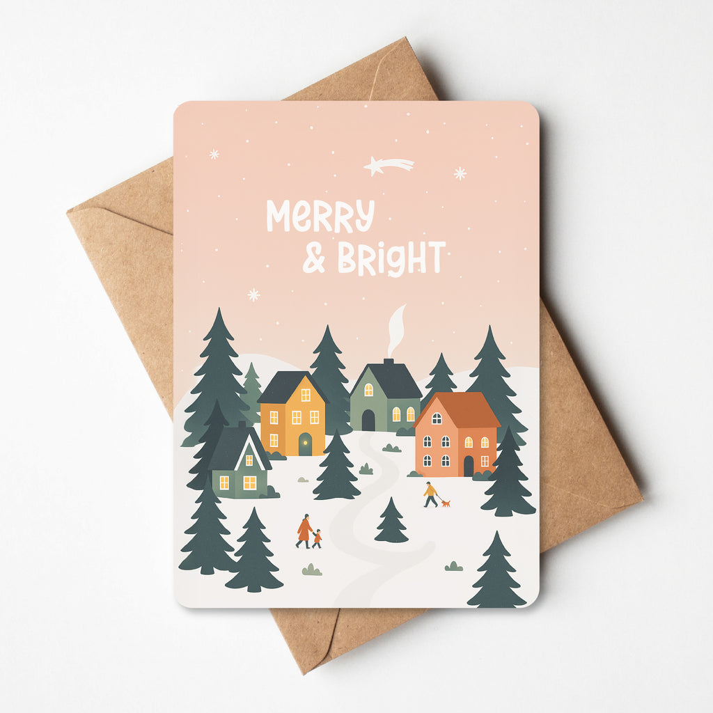 Kerstkaart met illustratie van kerstdorp