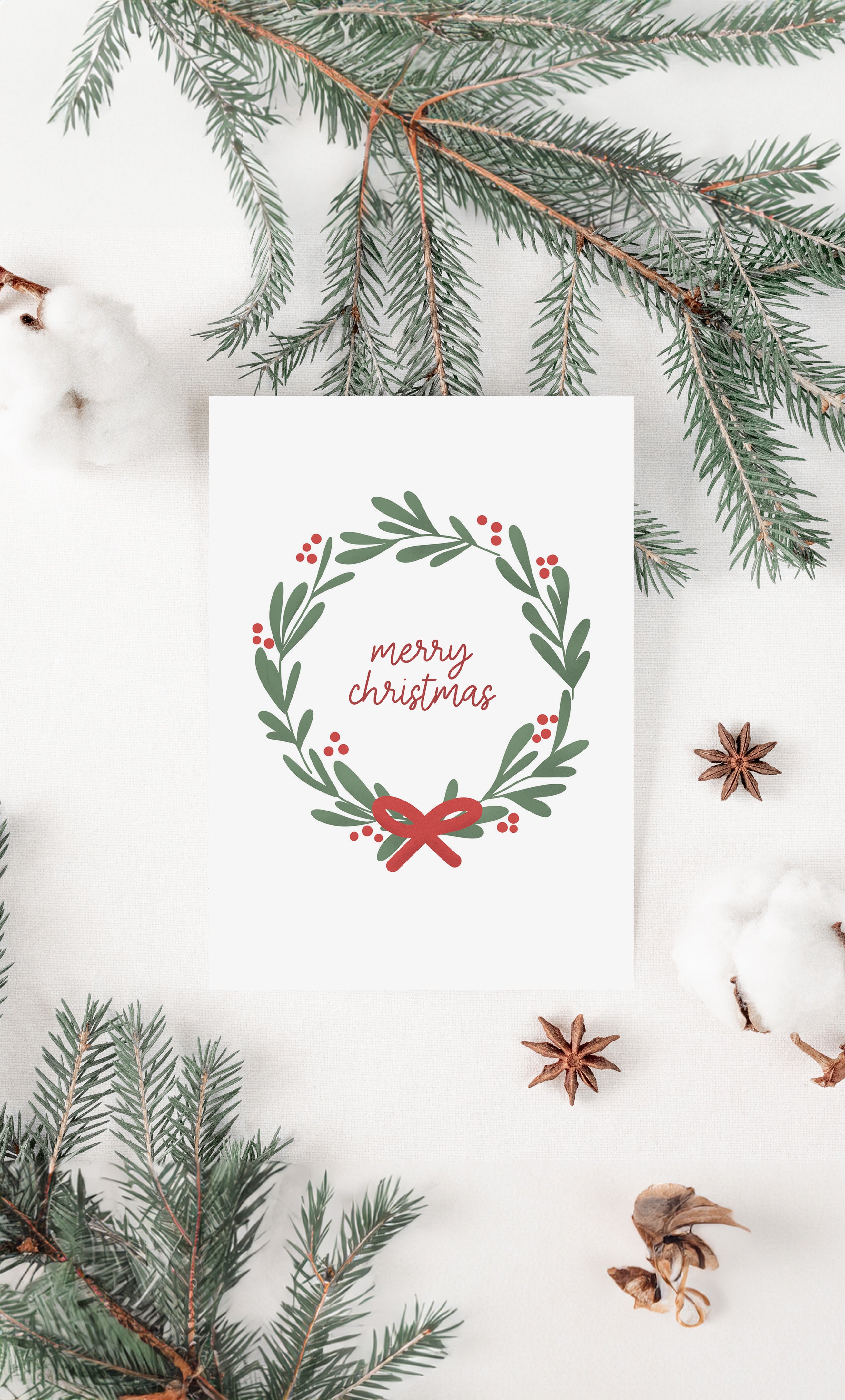 Kerstkaart - Krans rode strik