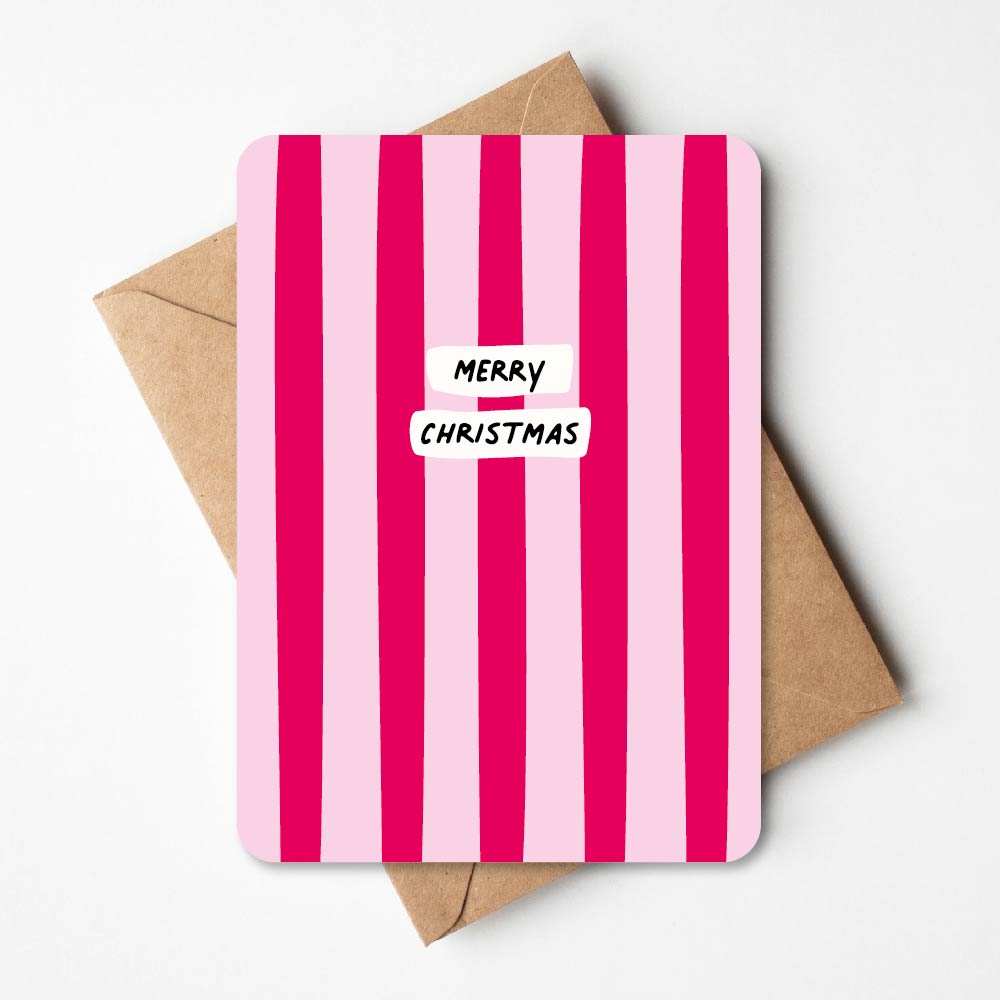 Kerstkaart met roze strepen en tekst merry christmas