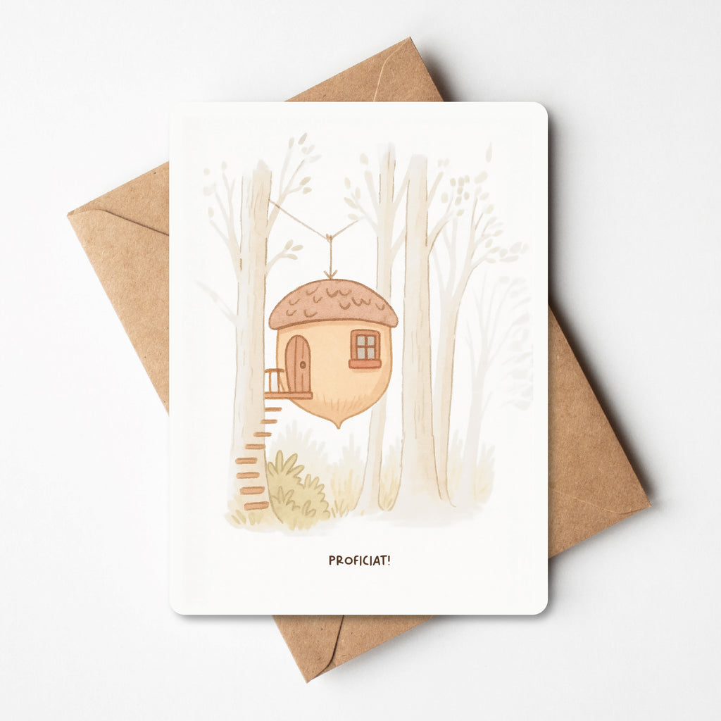 schattige illustratie van eikel in boom - huisje