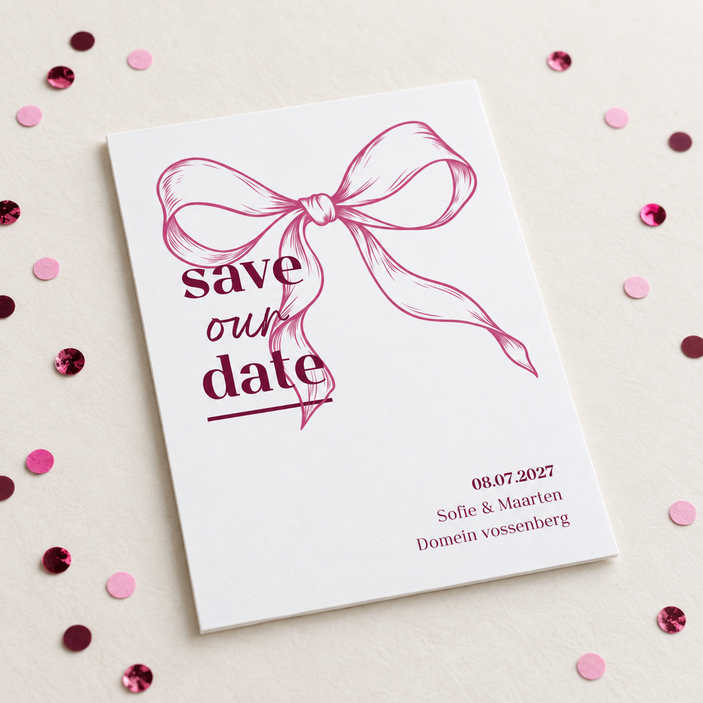 Flatlay van save our date kaart voor huwelijk