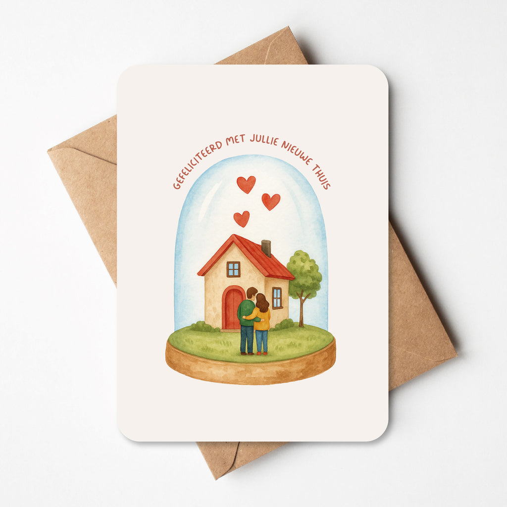 Een warm kaartje met een illustratie van een koppel dat samen hun nieuwe huis bewondert, onder een glazen stolp vol hartjes. De tekst ‘Gefeliciteerd met jullie nieuwe thuis’ maakt dit ontwerp perfect om iemand te feliciteren met een verhuis of nieuw hoofdstuk.
