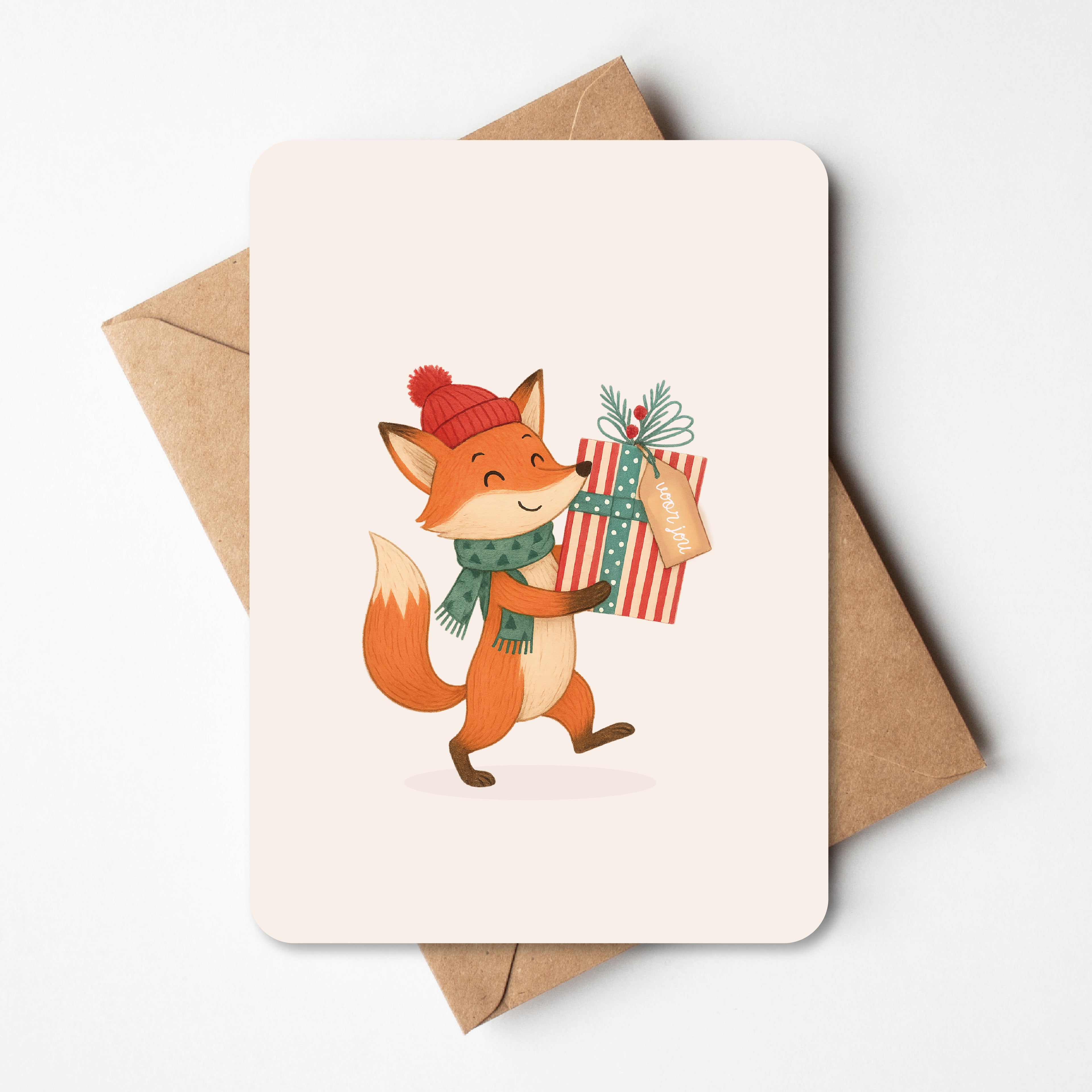 Kerstkaart vos met pakje