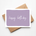 Paarse verjaardagskaart met witte letter happy birthday